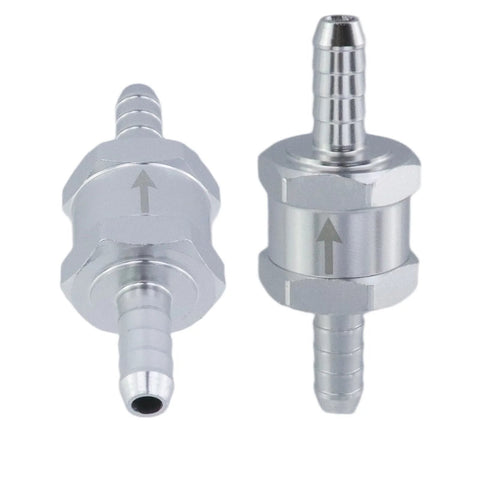 Two stainless steel one-way fuel check valves with 5/16 inch (8mm) barbed hose fittings