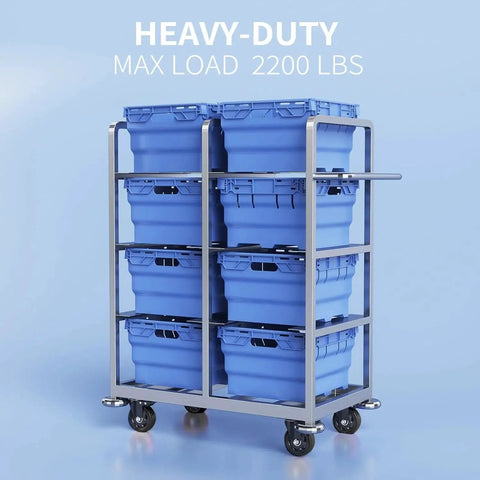 Front view of a metal rolling storage cart with eight blue bins and locking caster wheels.