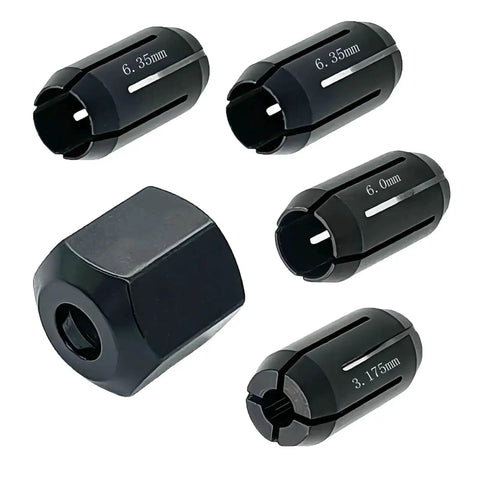 Collet Chuck And Nut Replacement Kit For Palm Routers And Drywall Tools 5 Pack With One Eighth Inch Two One Quarter Inch And Six Millimeter Collets Plus Nut Fits DW660 DW551 DCS Series Cutout Tools And RotoZip Spiral Saws