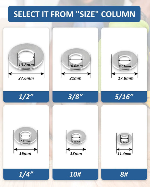 Six 304 stainless steel flat washers in assorted sizes (1/2, 3/8, 5/16, 1/4, 10#, 8#) for screws and bolts