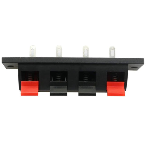 Front view of 5 Pack 4 Pin Stereo Speaker Terminal Block Strip Shape Connector Plate 4 Position 4 Way Amplifier Push Release Test Clip For Easy Hookup