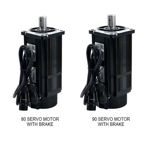Front view of two black servo motors with brakes (80ST and 90ST) and attached cables