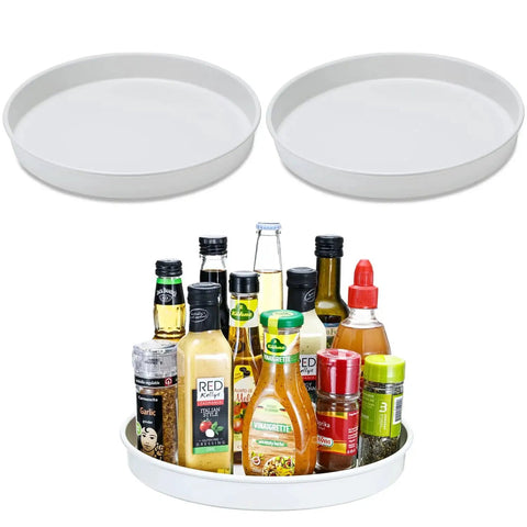 10 Inch Lazy Susan Organizer Set Amolliar 3 Pack, Rotating Kitchen Cabinet Turntable with spices and bottles, white metal tray