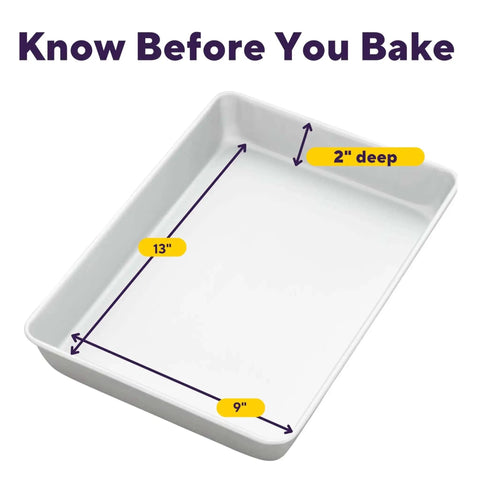 Aluminum 9x13 Inch Rectangular Sheet Pan for Even Baking PFAS Free Anodized Bakeware Rust Resistant Durable Pan dimensions shown.