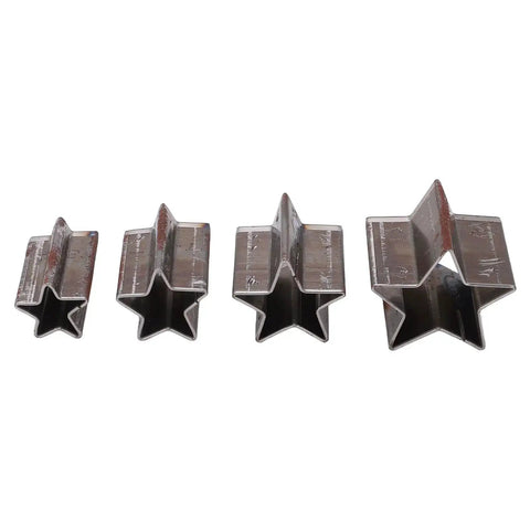Four star shape alloy steel leather cutting dies in various sizes, part of the Star Shape Leather Cutting Dies Set Four Piece Alloy Steel Hollow Cutter Punch Tools With Storage Box Perfect For EVA Foam, Fiberboard, And Clay Crafts, Durable, Precise, And Easy To Use For DIY Makers.