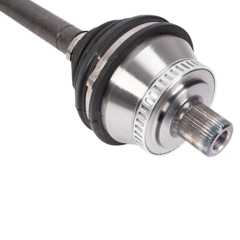 Close-up of CV axle from All In One Four Piece Front CV Axle And Wheel Hub Bearing Kit For 2002 2009 Audi A4 Replacement Set With Two Front CV Axles And Two Front Hub Modules Direct Fit Built Tough Ready To Install
