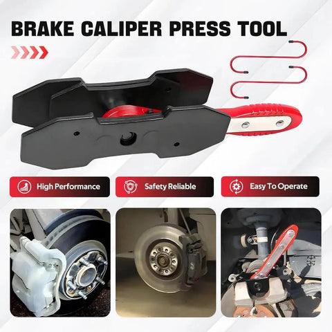 BARTOO brake caliper press tool with red handle and black body, includes two steel plates for piston spreading.