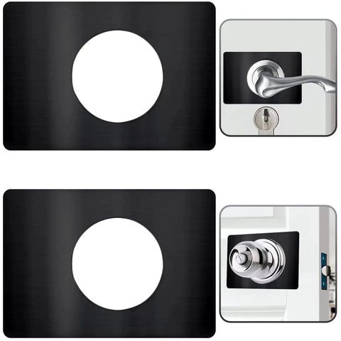 Door Lock Repair Plate Kit Reinforcement Fixing Plate For Knob Lever And Deadbolt Filler Cover To Prevent Loose Or Wobbly Locks Fits Most Standard Doors Black 2 Pack Easy Install Durable Steel, showing front and installed views.