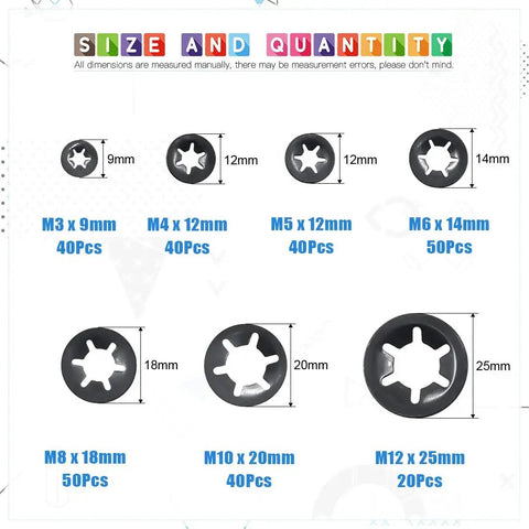 Glarks 280Pcs internal-tooth starlock push-on locking washers assortment in black metal; sizes M3–M12 with respective counts.