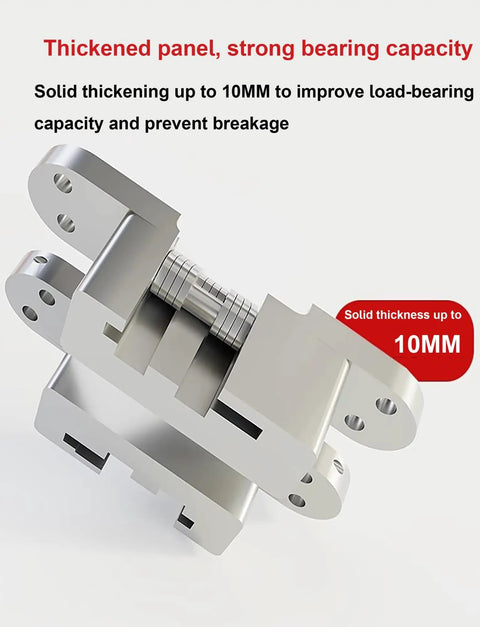 Close-up of a silver thickened concealed hinge showing solid construction for cabinets, demonstrating load-bearing capacity and durability.
