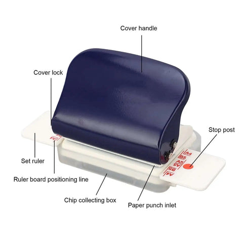 Labeled components of 6 Hole Punch For A4 A5 B5 Loose Leaf Notebooks And Scrapbooks, Metal Circle Paper Puncher, 5 Sheet Capacity.
