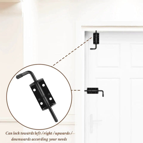 Spring Loaded Gate Latch Pin Barrel Bolt 6 Inch Solid Steel For Wood And Metal Gates Black 2 Pack installed on door
