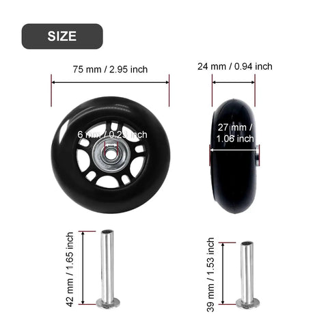 75 By 24mm Luggage Wheel Replacement Kit showing front and side views with axles, dimensions labeled, for carry on trolleys travel cases