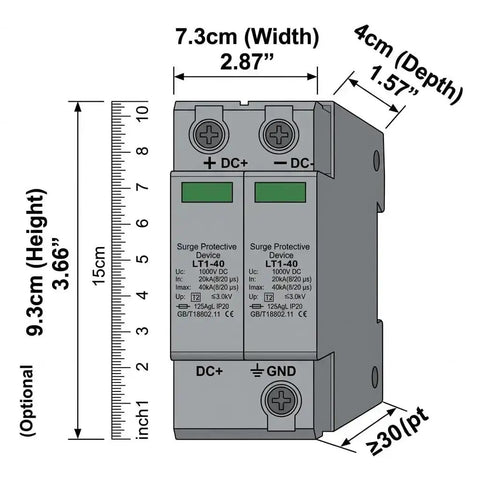 Two Pack 1000V 40KA DC Surge Protector With Lightning Shield And Modular Design Photovoltaic Arrester For Home And Office Use On 35mm DIN Rail Mount DC1000V 2pcs, showing front dimensions.