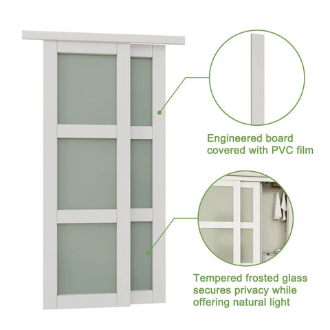 60 Inch By 80 Inch Sliding Closet Door Set With Double 31 Inch Panels 5 Lite Frosted Glass 4mm Tempered Glass Primed And Paintable White Surface