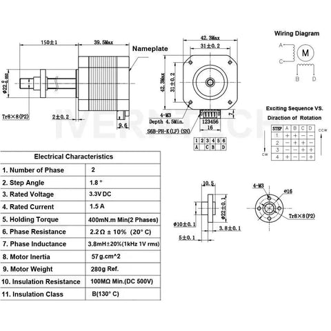 Technical diagram of High Torque NEMA 17 Stepper Motor With Integrated 150mm T8 Lead Screw for 3D printers and CNC machines