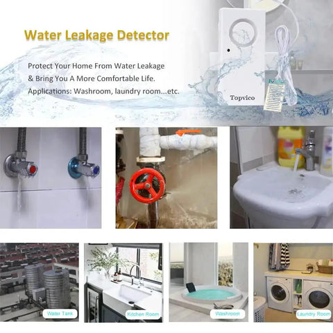 Overview of water leak alarm sensor kit for home basements and RVs with 120dB loud battery operated alarm sump pump overflow moisture floor sensor flood detection in a 2 pack for quick alerts neighbors can hear and prevent flood damage, displayed with household plumbing examples.