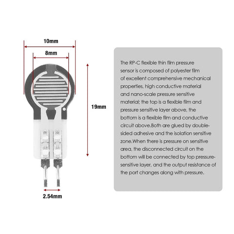 RP-C thin-film pressure sensor with two leads; 19mm tall, 10mm wide, 2.54mm pin spacing, polyester film FSR