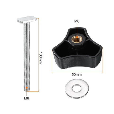 5 Piece Pro Grade T Track Bolts Knob Kit For Woodworking Jigs And Fixtures M8x100mm Threaded Bolts M8x50mm Triangle Hand Knobs With Washers