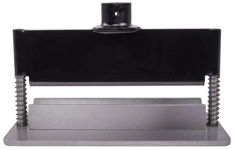 Front view of press brake attachment for 12 to 20 ton hydraulic shop presses, 12-inch bend capacity, heavy-duty steel build