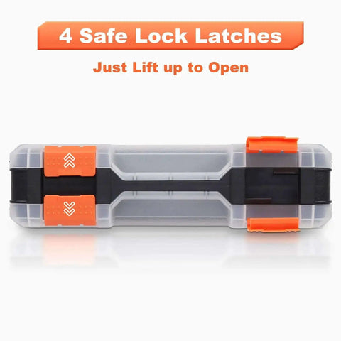 Orange 34 Compartments Double Sided Small Parts Organizer With Removable Dividers And Clear Lid Tackle Box closed view