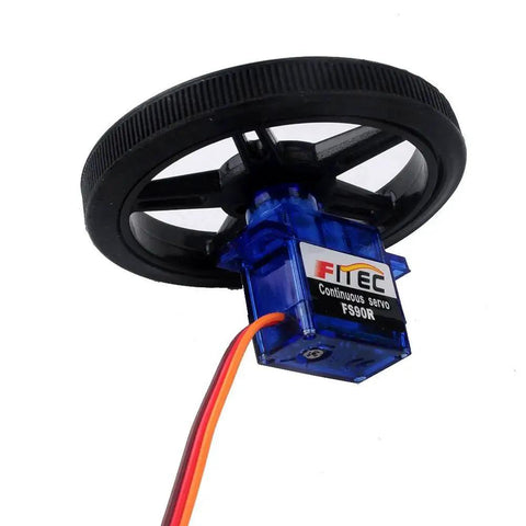 Feetech FS90R micro servo with RC tire wheel, blue translucent housing and red/orange wiring