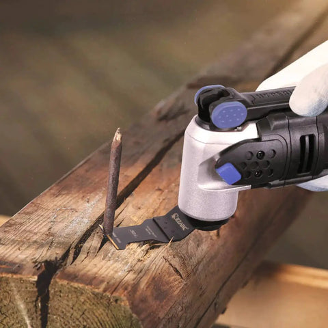 Carbide Oscillating Saw Blades For Multitools With Quick Release, cutting a nail in wood with laser-welded carbide teeth