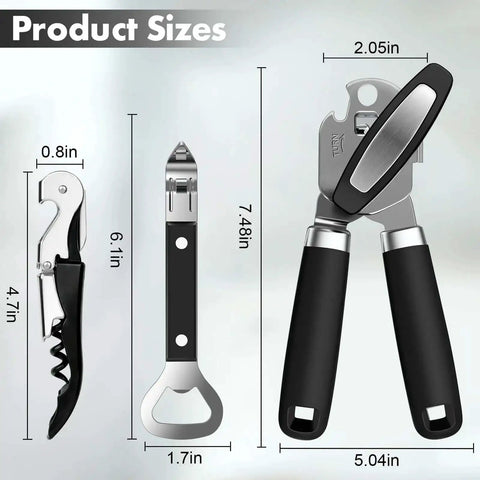 Dimensions of 3 Piece Can Opener Bottle Opener and Wine Opener Set With Smooth Edge Manual Opener Magnetic Tip Heavy Duty Stainless Steel