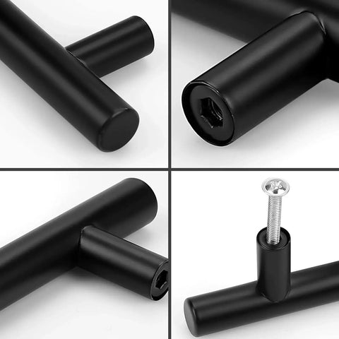 Close-up of 10 Pack Flat Black 2 Inch T Bar Cabinet Knobs Hollow Stainless Steel Single Hole For Kitchen Cabinets and Bedroom Dressers