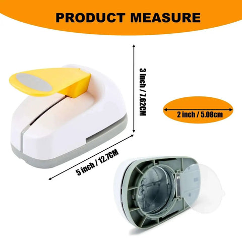 Product measure of 2 Inch Oval Lever Paper Punch for Crafting and Card Making with dimensions and open view of the tool.