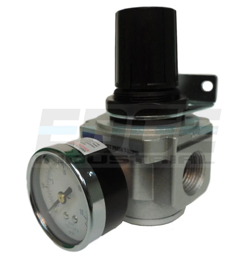 Inline air pressure regulator with gauge, silver metal body, black adjustment knob, and wall-mount bracket
