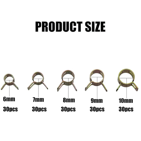 150 Pcs Spring Hose Clamps Kit For Fuel Line And Vacuum Hose in 6mm to 10mm sizes, each size 30 pcs, displayed with measurements