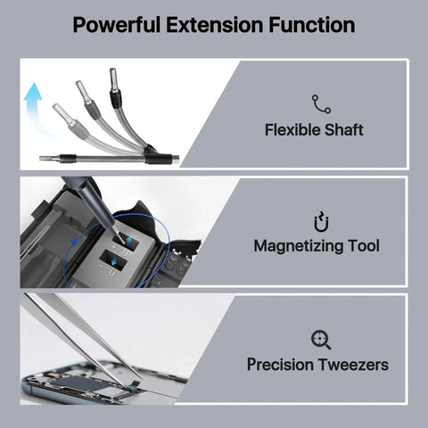 Image showing flexible shaft, magnetizing tool, and precision tweezers from 128-In-1 Precision Screwdriver Set With 125 Magnetic Bits.