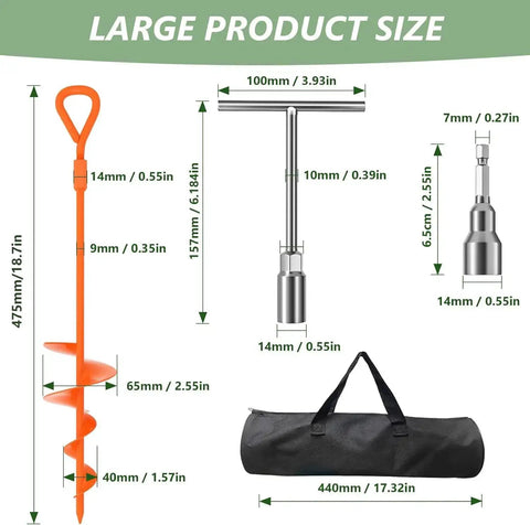 Diagram of 18 Inch Beefy Duty Ground Anchors Screw In Kit With T Handle Hex Wrench dimensions and carrying bag, 4 Pack Orange For Outdoor Use