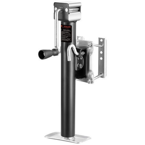 Side view of Heavy Duty 2500 Lb Trailer Jack With 15 Inch Lift And Ergonomic Handle, black alloy steel, bolt-on mount.