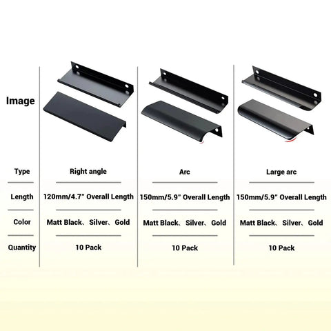 Comparison of right angle, arc, and large arc 10 pack edge finger pulls for cabinets, 120mm total length, modern silver aluminum.