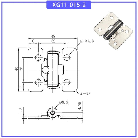 Stainless steel damping hinge with adjustable torque, model XG11-015-2; front blueprint and hardware photo