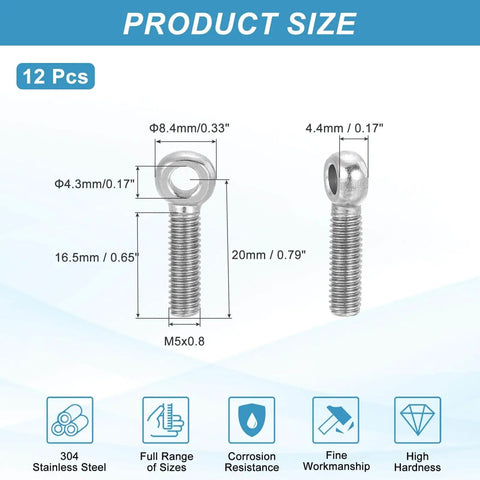 Diagram showing product size and dimensions of 12 Pack M5 Shoulder Swing Eye Bolts 304 Stainless Steel Pro Grade Heavy Duty Full Thread Fisheye Eye Slip Hole Screws Rigging Hardware For Lifting And Securing Projects Silver Tone.