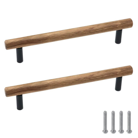 Walnut Solid Wood Pull Handles With Black Aluminum Base For Cabinets And Drawers, Round Black Base, 160mm Hole Center, 2 Pack, with screws