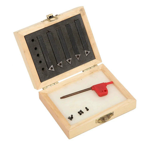 5 Piece One Quarter Inch Indexable Turning Tool Set With Pro Grade Cemented Carbide Inserts 60 Degree 75 Degree And 90 Degree For Lathe Turning Facing Boring Chamfering And Surface Cutting Durable High Precision in a wooden box