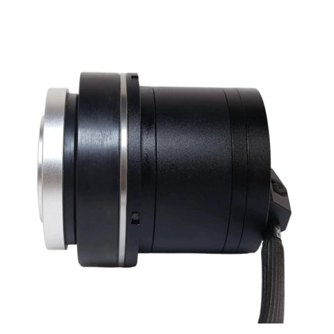 Side view of a black harmonic drive servo motor with silver front flange and attached cable