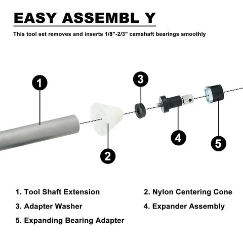 Exploded view of Universal Cam Bearing Removal and Installation Tool Set components, including adapters for 1.125 to 2.690 inch bearings.
