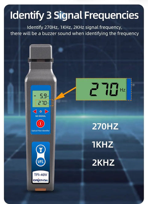 TFI-40V fiber optic identifier handheld with VFL LED; blue panel displays 270 Hz, 1KHz, 2KHz; ORIENTek logo.