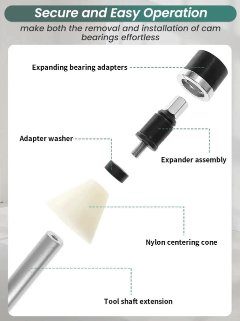 Cam Bearing Removal And Installation Tool Kit with adapters, expander assembly, nylon centering cone, and tool shaft extension.