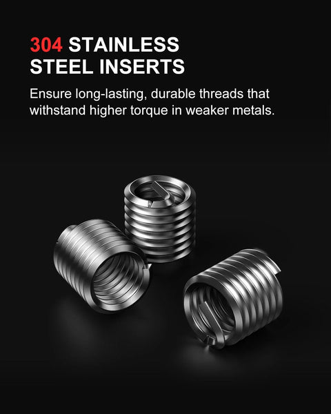Close-up of 304 stainless steel helicoil inserts from M14x1.5 Thread Repair Kit With Helicoil Inserts Tap Break-Off Tool HSS Drill Bit