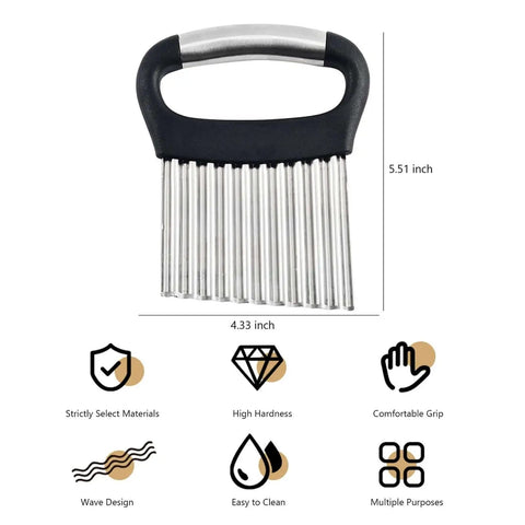 Crinkle Cutter For Veggies And Fries With Stainless Steel Blade Wavy Knife For Potatoes Cucumbers Carrots Easy Grip Waffle Fry Slicer French Fry Cutter For No Fuss Game Changer Crinkle Cuts At Home shown with dimensions and features