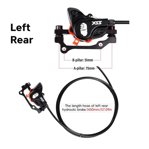 Left rear CNC MTB hydraulic disc brake set, black with orange accents, 1450mm hose length