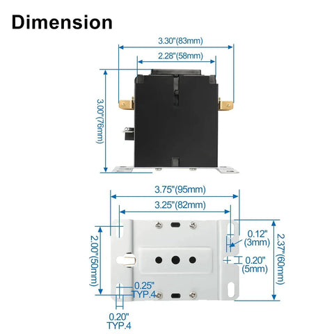 Dimensions of Three Pole 120V AC Contactor Built For HVAC Systems, 30 Amp Heavy Duty Condenser And Compressor Switch with measurements