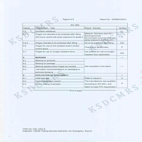 Door hinge test report page showing EN 1935 corrosion resistance data with watermark.