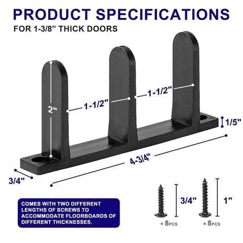 Durable ABS Sliding Closet Door Floor Guide For One And Three Eighths Inch Thick Doors with dimensions and screws shown
